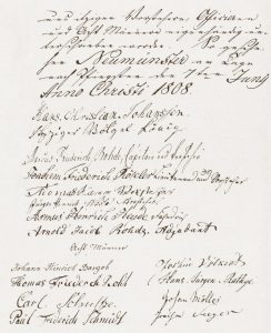 Unterschriftenseite der Gilderolle von 1808 der Bürgergilde